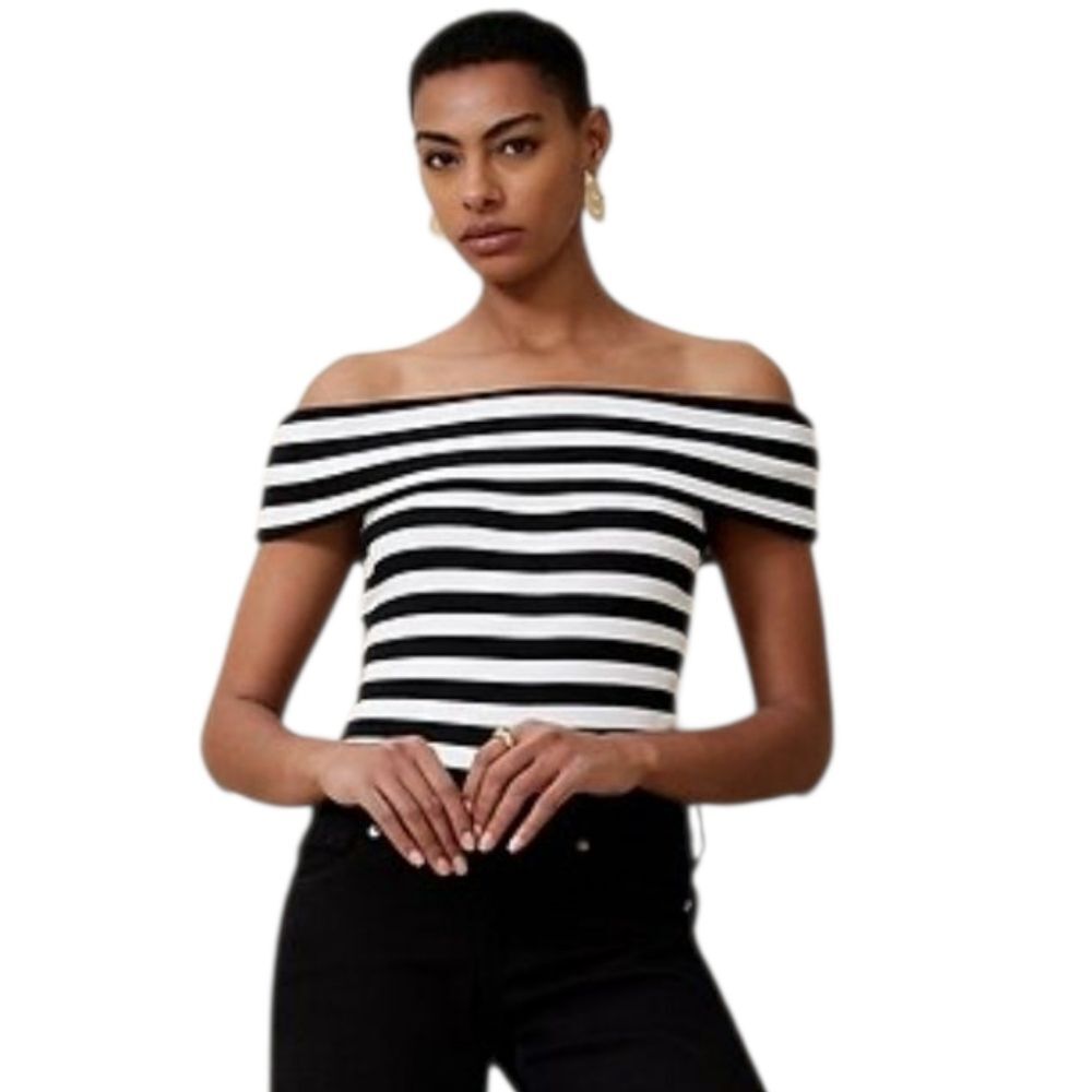 Banana Republic Nwt Navy & White Ribbed Striped Off-Shoulder Top Shirt Small